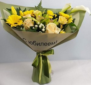 Букет 080 - из гербер, кустовых хризантем, розы Россия, орхидей