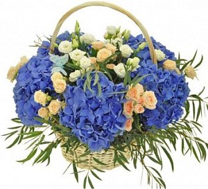 Цветы в корзине 045 из гортензий, кустовых роз, эустом